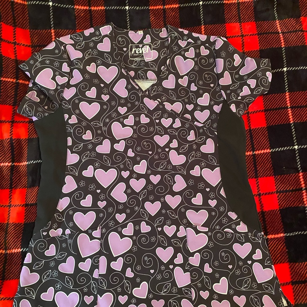 Revel Black Scrub Top with Pink and Purple Heart Design Large